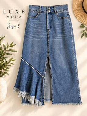 EUC LUXE Moda Denim Midi Skirt with Frayed Hem & Front Slit, Size 8
